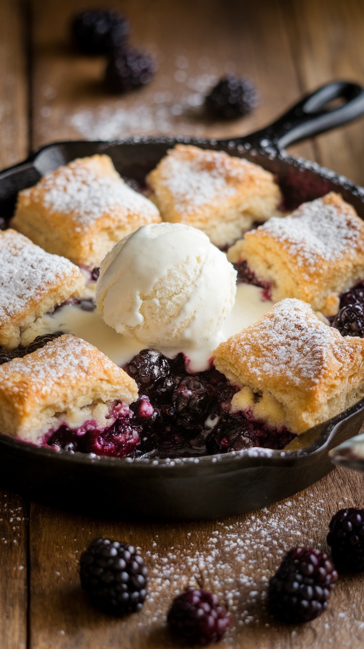 A delicious blackberry cobbler in a cast iron skillet, topped with biscuit crust and served with ice cream.